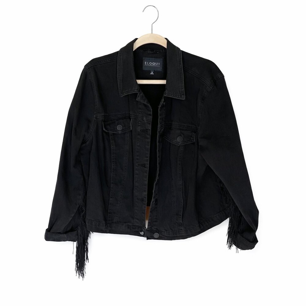 Eloquii Black Fringe Denim Jacket Size 18 | Statement Layer Festival Spring - Picture 2 of 7